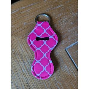 NEW Pink and White Neoprene Chapstick Holder Key Chain and chapstick